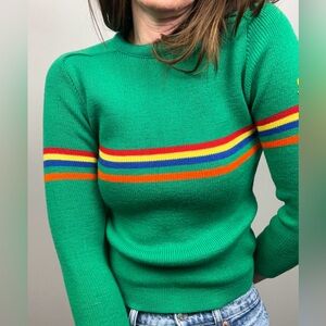 Vintage Wool Ski Sweater with Rainbow Stripes – Fits S